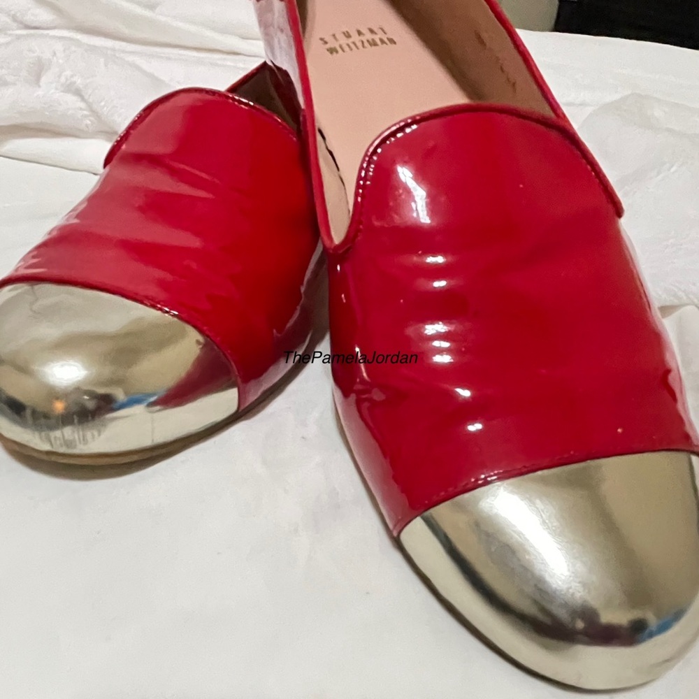 Vibrant Red Patent Leather Flats with Silver Toes